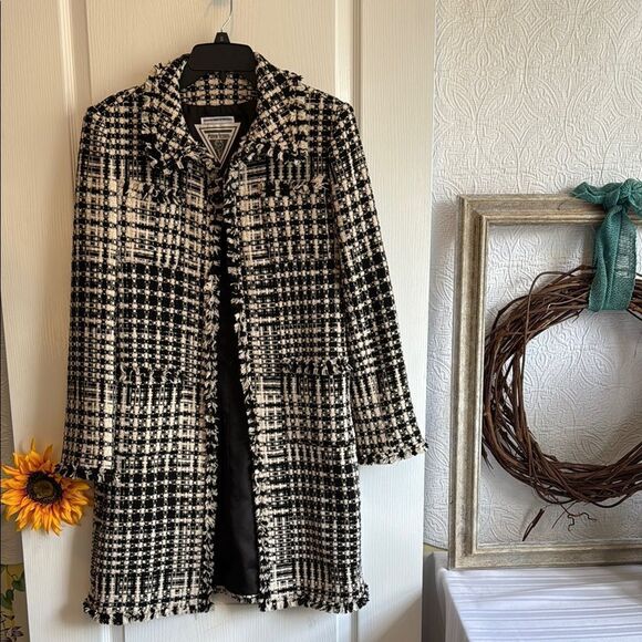 MARVIN RICHARDS Tweed Wool Checked Fringe Runway Coat Women's Black and White - Picture 1 of 6